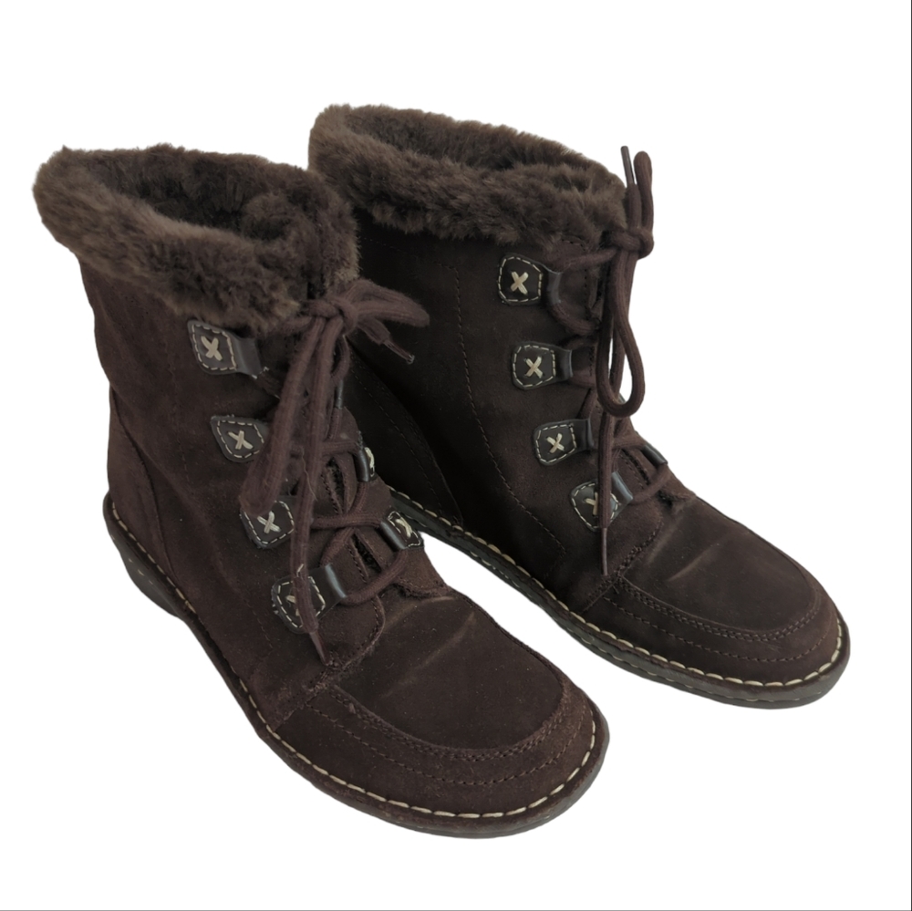 Easy Spirit leather boots, faux fur, lace-up, never worn, women's 7 1/2